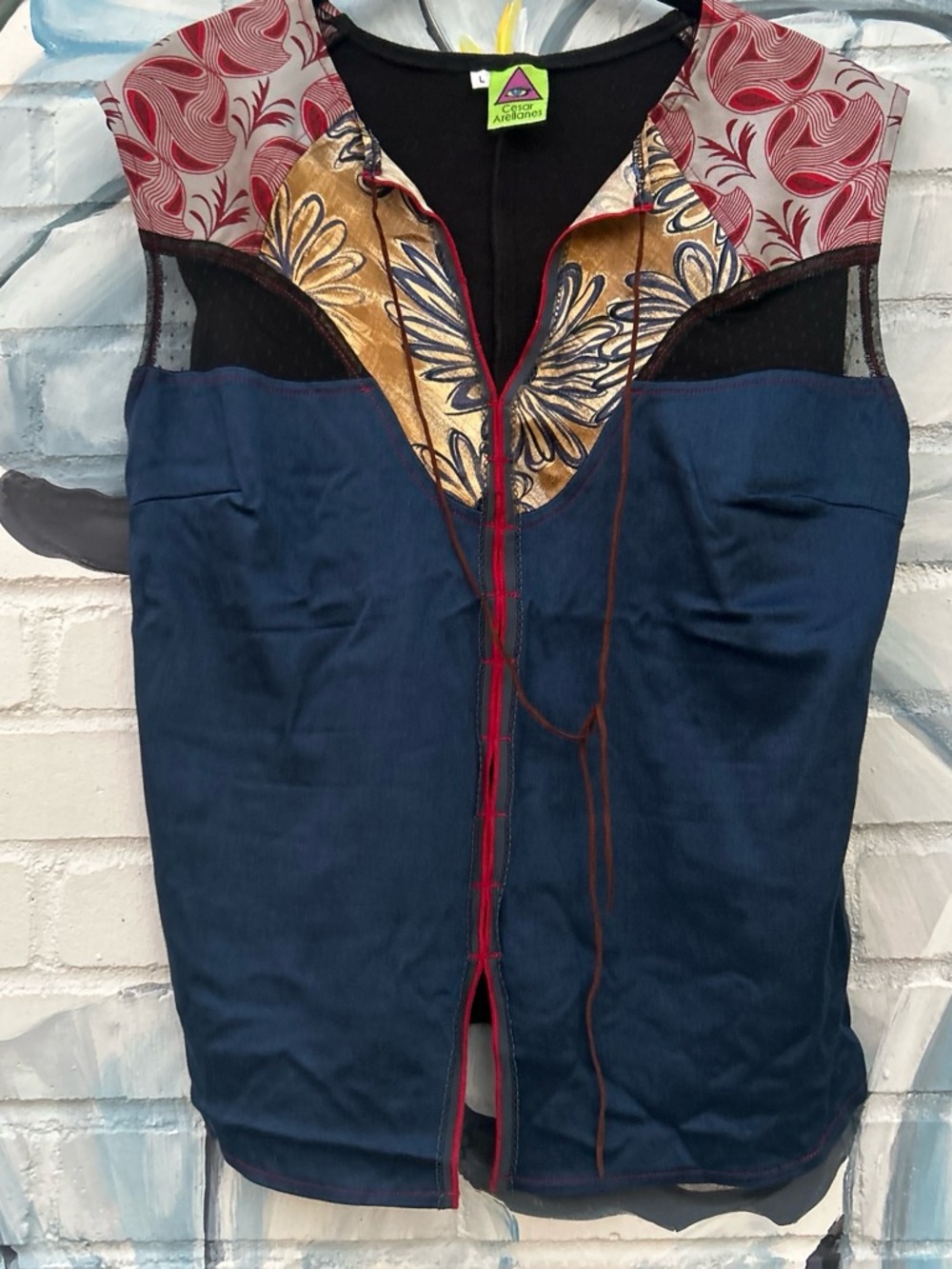 Artisan Patchwork Navy Vest with Decorative Yoke